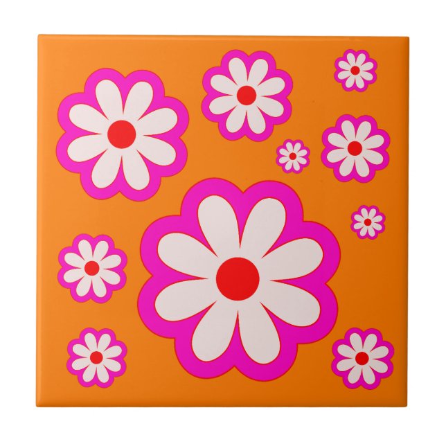 BOHO Chic Daisy Pattern Pink& Orange Retro Floral  Ceramic Tile (Front)
