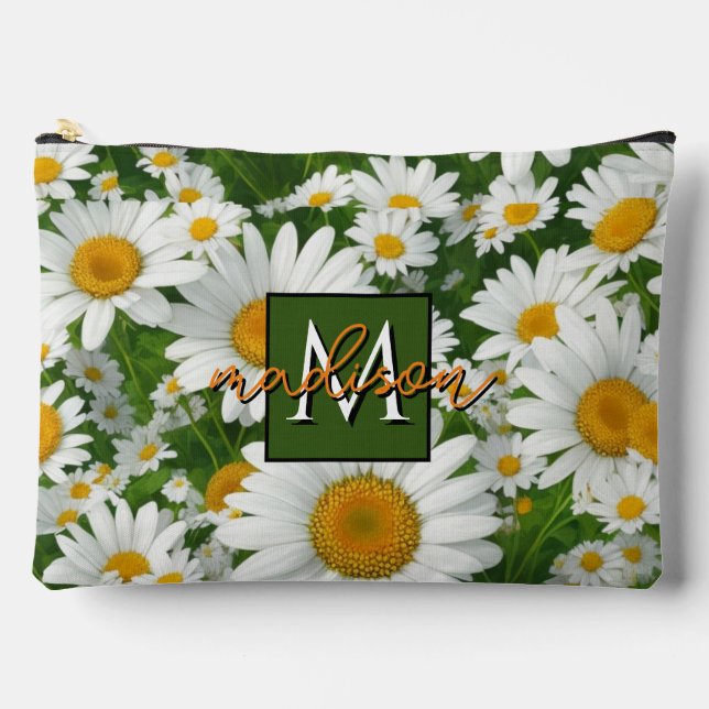 Boho chic daisy pattern white floral personalize accessory pouch (Front)
