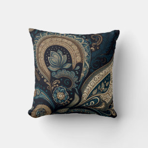 Boho Chic Dark Blue Paisley Pattern Throw Pillow