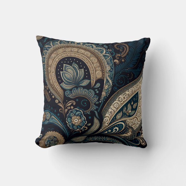 Boho Chic Dark Blue Paisley Pattern Throw Pillow (Front)