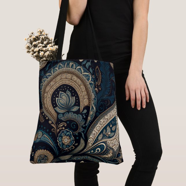 Boho Chic Dark Blue Paisley Pattern Tote Bag (Close Up)