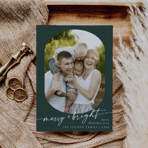 Boho Chic Dark Green Merry Bright Photo Christmas Holiday Card