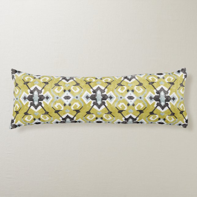 Boho chic dark grey and yellow ikat tribal pattern body pillow (Front)
