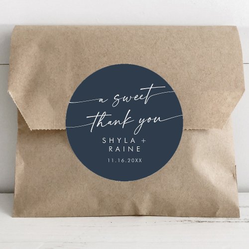 Boho Chic Dark Navy Blue A Sweet Thank You Favor Classic Round Sticker