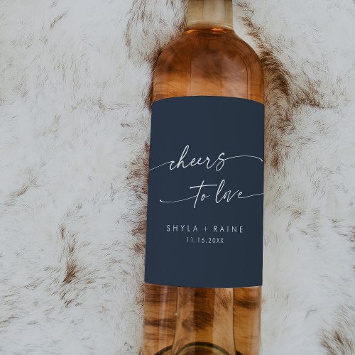 Boho Chic Dark Navy Blue Cheers to Love Wedding Wine Label