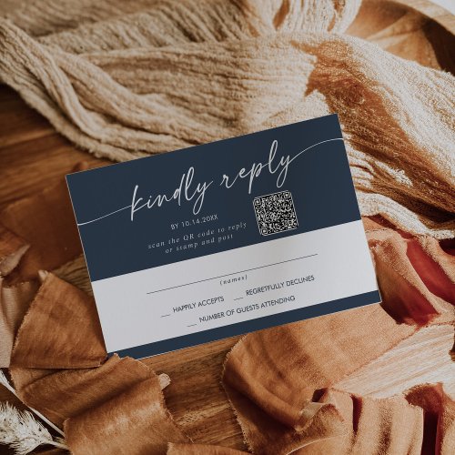 Boho Chic Dark Navy Blue Mail In and QR Code RSVP Card