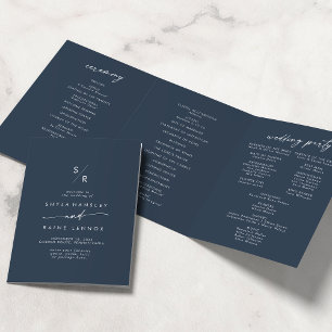 Boho Chic Dark Navy Blue Monogram Wedding Tri-Fold Program