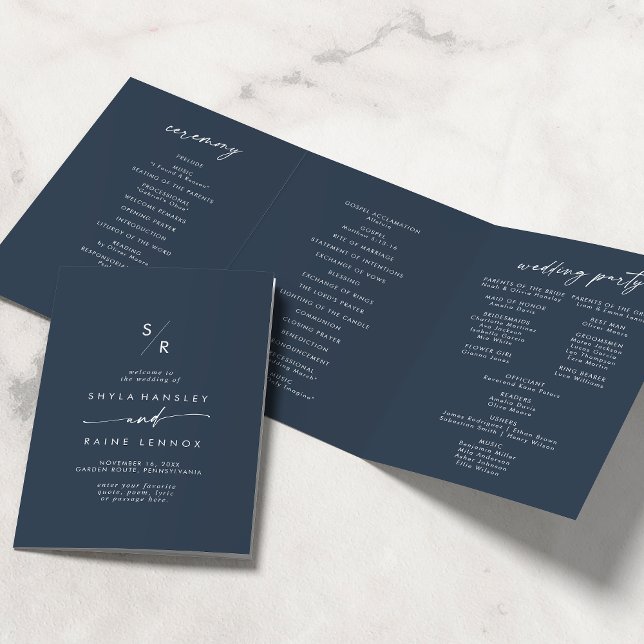 Boho Chic Dark Navy Blue Monogram Wedding Tri-Fold Program (Creator Uploaded)