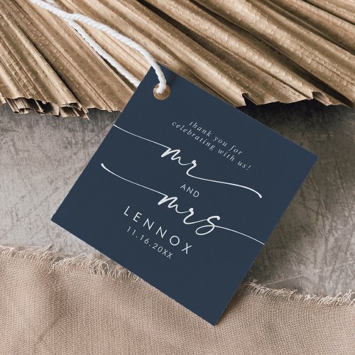 Boho Chic Dark Navy Blue Mr and Mrs Wedding Favor Tags