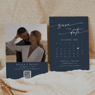 Boho Chic Dark Navy Blue QR Code Photo Calendar Save The Date