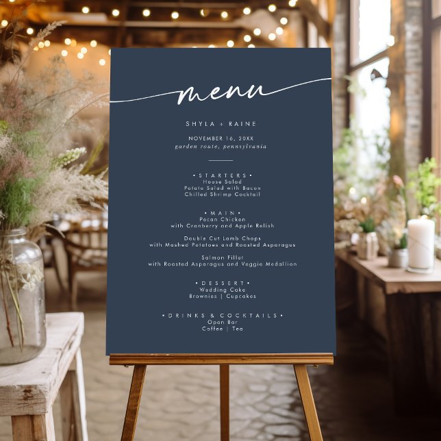 Boho Chic Dark Navy Blue Wedding Menu Foam Board (Creator Uploaded)