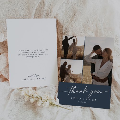 Boho Chic Dark Navy Blue Wedding Photo Collage Thank You Card