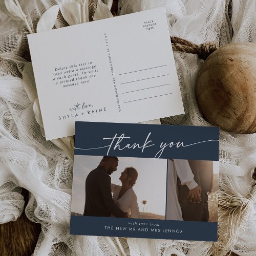 Boho Chic Dark Navy Blue Wedding Photo Thank You Postcard