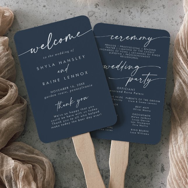 Boho Chic Dark Navy Blue Wedding Program Hand Fan (Creator Uploaded)