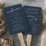 Boho Chic Dark Navy Blue Wedding Program Hand Fan<br><div class="desc">This boho chic dark navy blue wedding program hand fan is perfect for a minimalist wedding ceremony. The muted and moody neutral dark blue modern bohemian design features simple rustic calligraphy with a unique yet classic style. Personalize your wedding program with you names, wedding date, location, thank you message, order...</div>