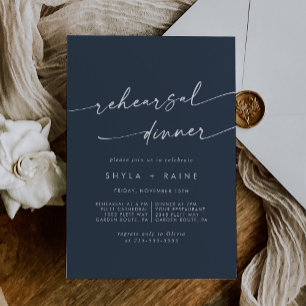 Boho Chic Dark Navy Blue Wedding Rehearsal Dinner Invitation