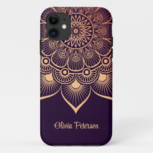 Boho Chic Dark Purple and Peach Mandala iPhone 11 Case