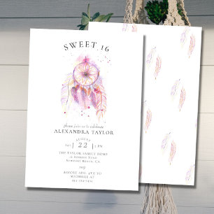 Boho Chic Dream Catcher Pink Watercolor Sweet 16 Invitation