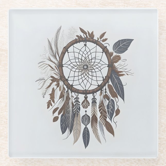 Boho Chic Dreamcatcher Earthy Toned Infused Charm Glass Coaster (Front)