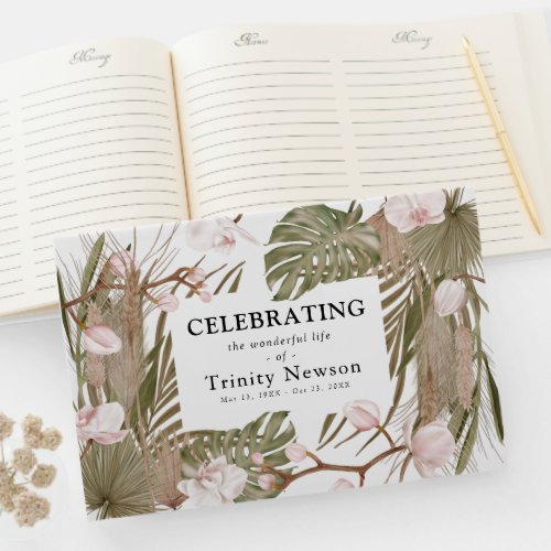 Boho Chic Dried Leaves  Pink Orchids Memorial Guest Book