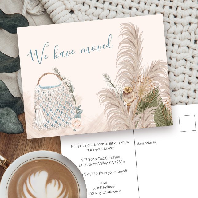 Boho Chic Dried Palm and Pampas Grass Moving Announcement Postcard (Boho moving announcement postcard with macrame bag, pampas and dried palm)