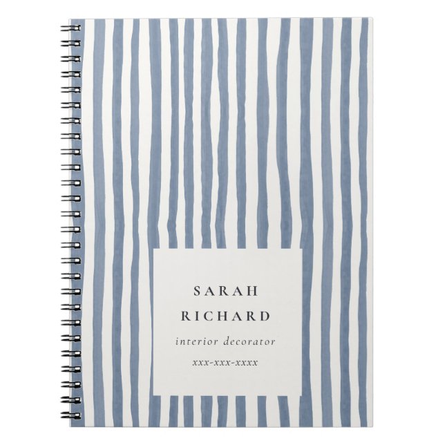 Boho Chic Dusky Blue Watercolor Hand Drawn Strips Notebook (Front)