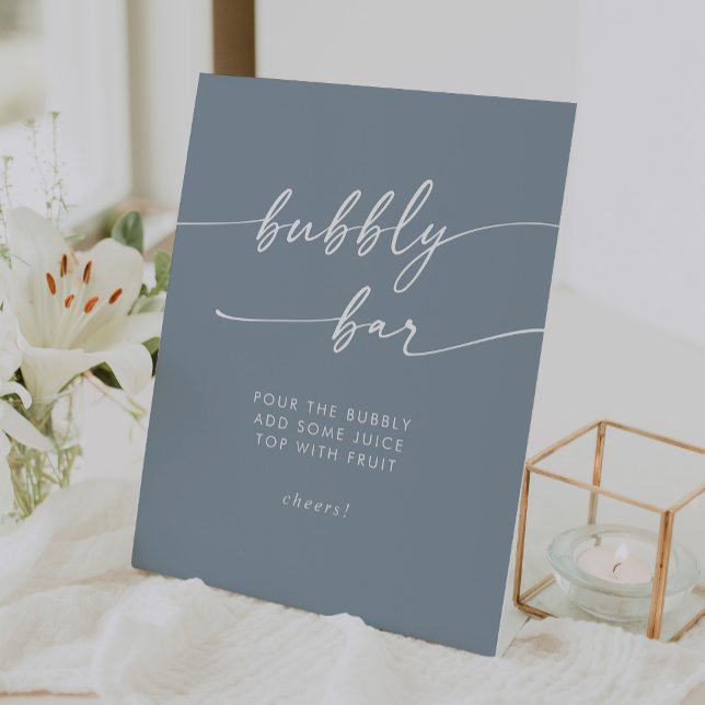 Boho Chic Dusty Blue Bubbly Bar Wedding Pedestal Sign (Boho Chic Dusty Blue Bubbly Bar Wedding Pedestal Sign)