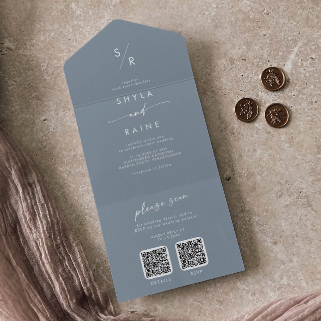 Boho Chic Dusty Blue Dual QR Code Wedding All In One Invitation (Creator Uploaded)