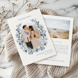 Boho Chic Dusty Blue Grey Floral Wedding Photo Thank You Card