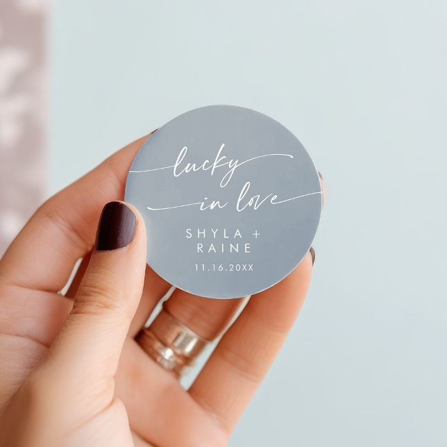 Boho Chic Dusty Blue Lucky In Love Favor Classic Round Sticker (Boho Chic Dusty Blue Lucky In Love Favor Classic Round Sticker)