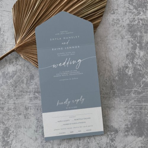 Boho Chic Dusty Blue Meal Choice RSVP Wedding All In One Invitation