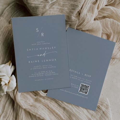 Boho Chic Dusty Blue Monogram QR Code Wedding Invitation