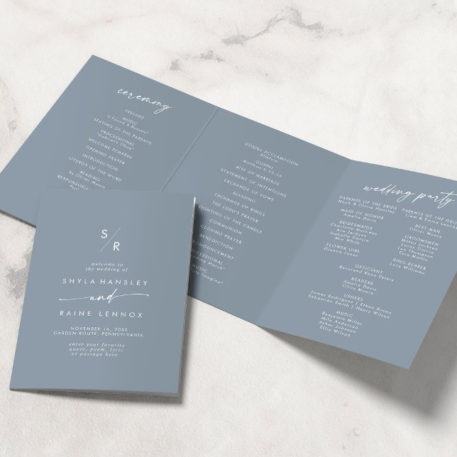 Boho Chic Dusty Blue Monogram Wedding Tri-Fold Program (Creator Uploaded)