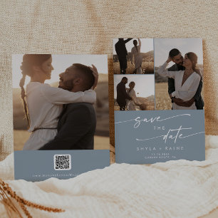 Boho Chic Dusty Blue Multi Photo QR Code Save The Date