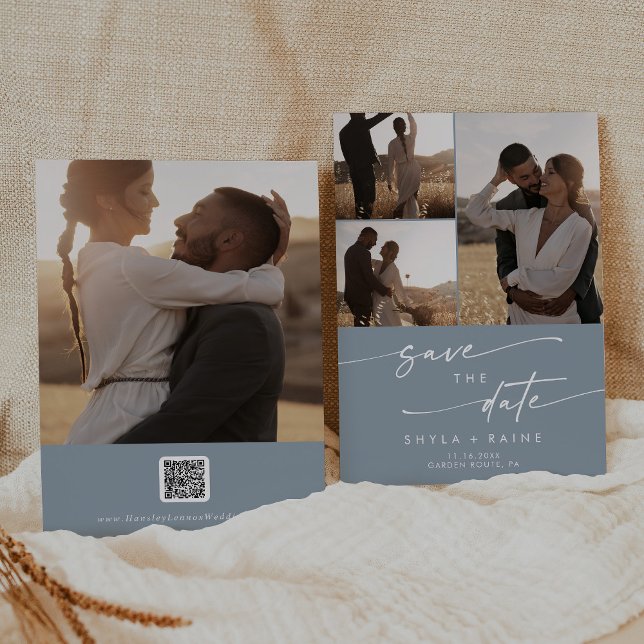 Boho Chic Dusty Blue Multi Photo QR Code Save The Date (Creator Uploaded)