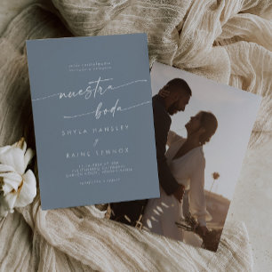 Boho Chic Dusty Blue Photo Spanish Wedding Invitation