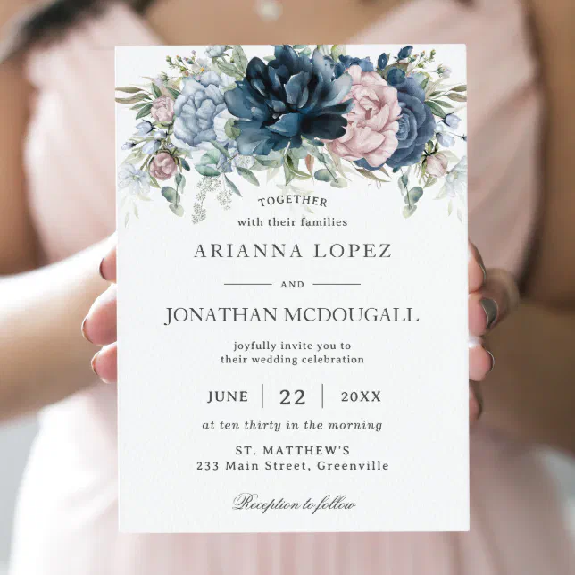 Boho Chic Dusty Blue Pink Navy Floral Sage Wedding Invitation 