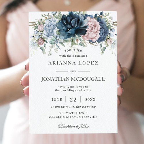 Boho Chic Dusty Blue Pink Navy Floral Sage Wedding Invitation