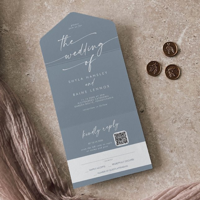 Boho Chic Dusty Blue QR Code Mail In Wedding All In One Invitation (Creator Uploaded)
