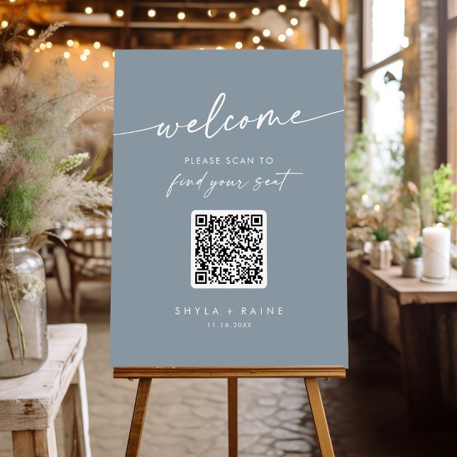 Boho Chic Dusty Blue QR Code Seating Chart Foam Board (Creator Uploaded)