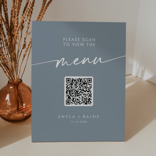 Boho Chic Dusty Blue QR Code Wedding Menu Pedestal Sign