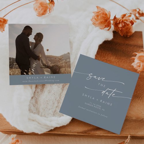Boho Chic Dusty Blue Square Photo Back Save The Date