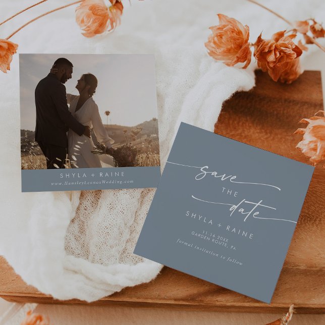Boho Chic Dusty Blue Square Photo Back Save The Date (Creator Uploaded)