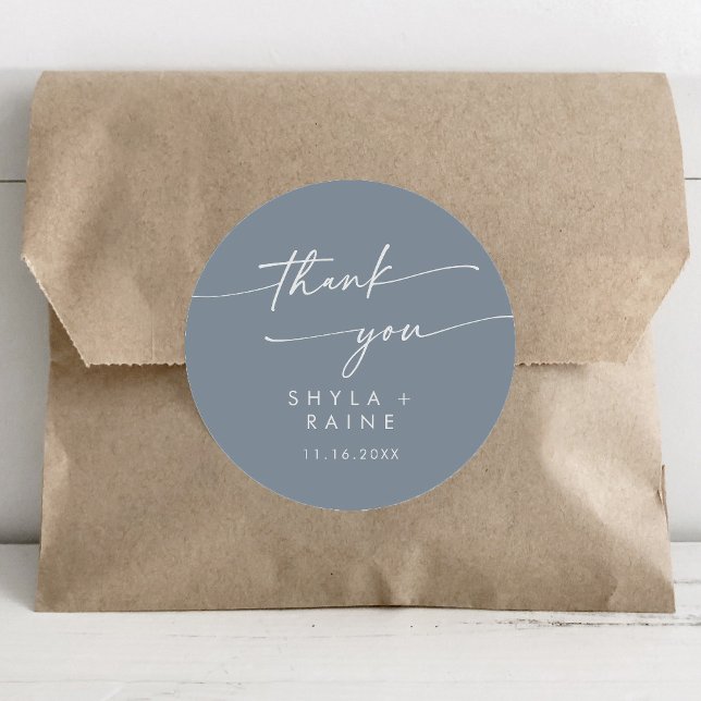 Boho Chic Dusty Blue Thank You Wedding Favor Classic Round Sticker (Creator Uploaded)