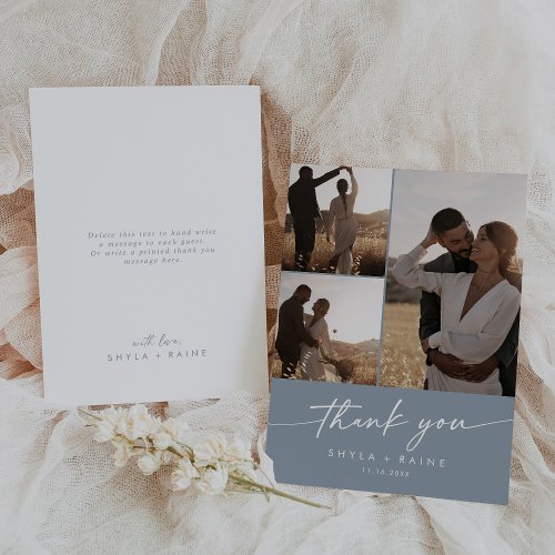 Boho Chic Dusty Blue Wedding Photo Collage Thank You Card