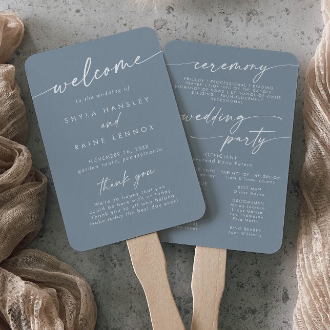 Boho Chic Dusty Blue Wedding Program Hand Fan (Creator Uploaded)