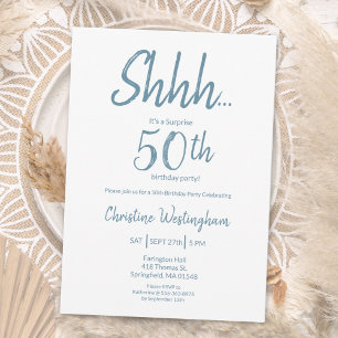 Boho Chic Dusty Blue White Surprise 50th Birthday Invitation