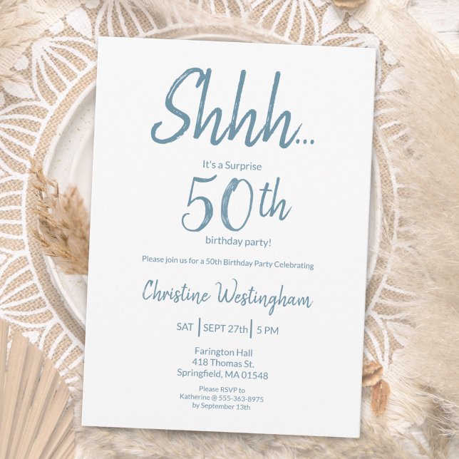 Boho Chic Dusty Blue White Surprise 50th Birthday Invitation (Creator Uploaded)