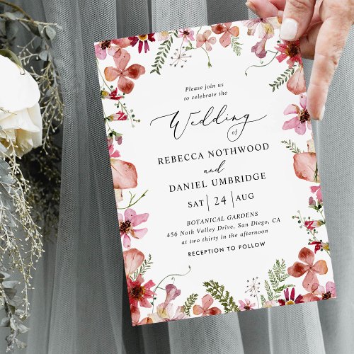 Boho Chic Dusty Pink Flowers Wedding Invitation