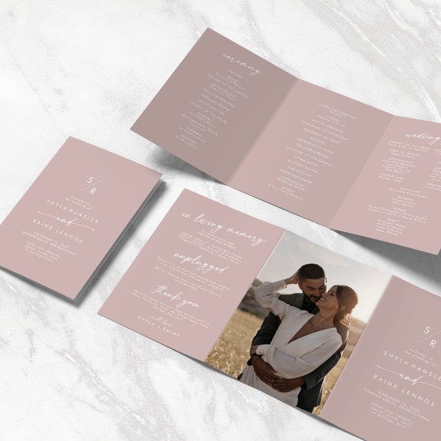 Boho Chic Dusty Rose Pink Monogram Wedding Tri-Fold Program (Creator Uploaded)